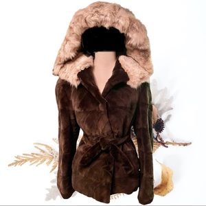 Brown Sheared Textured Mink Coat Jacket Canadian Lynx Fur Hood Belted Appraised